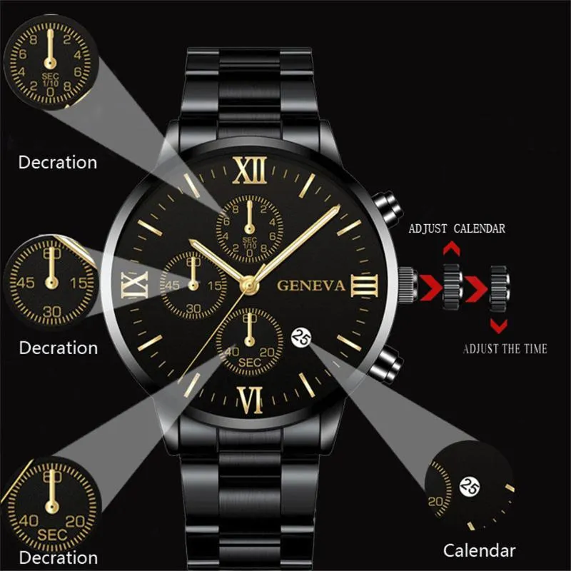 Wristwatches GENEVA Fashion Luxury Watch Men Stainless Steel Wrist Mens Watches Calendar Male Black Clock Relojes Hombre 2021231V