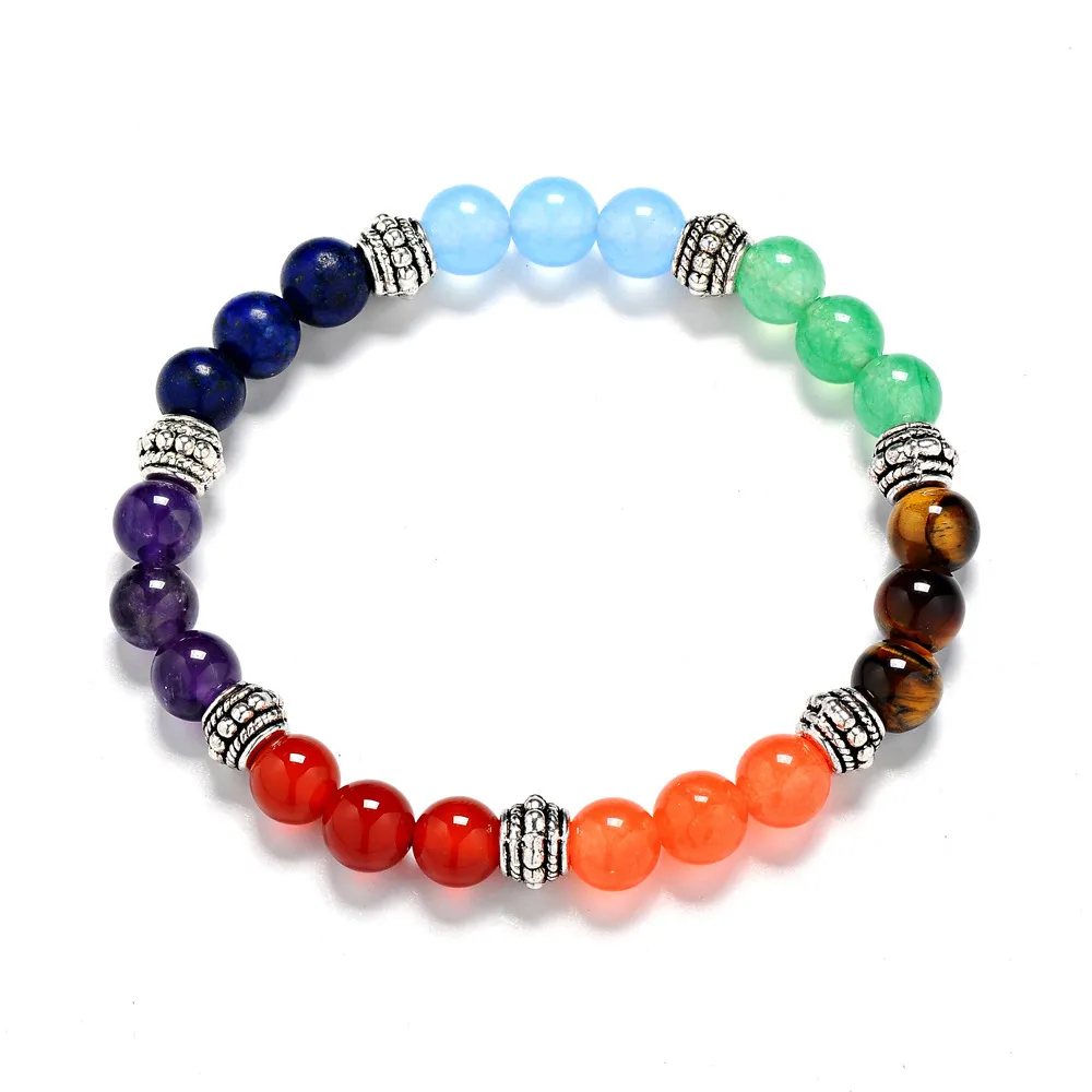 Peeds de 8 mm Agata Tiger Stone Siete pulso Pulsero de pulso Yoga Chakra Amethyst Energy Stone Bracelet Joyería