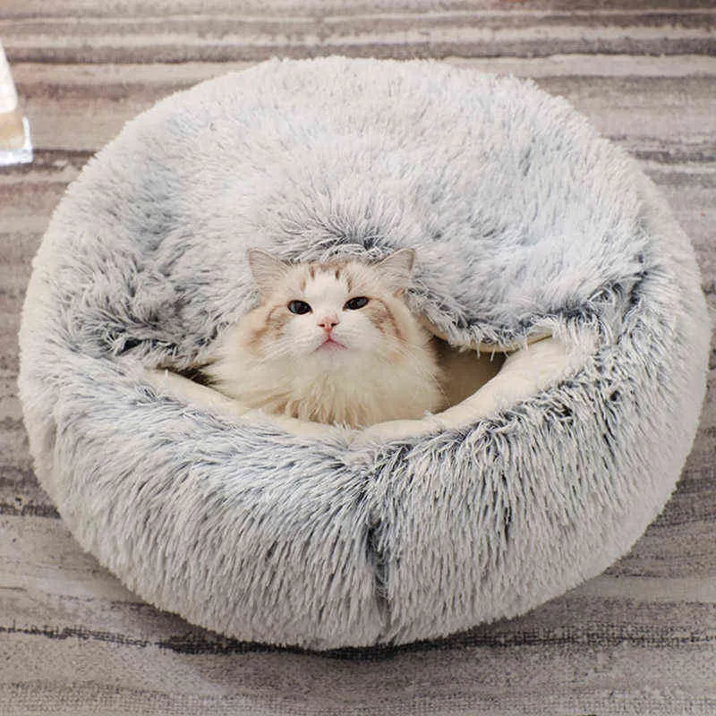 2 в 1 зимнее зимнее домашнее животное кровать круглый теплый дом длинный плюшевый спальный подушка диван для маленьких кошек гнездо CAT 2111111