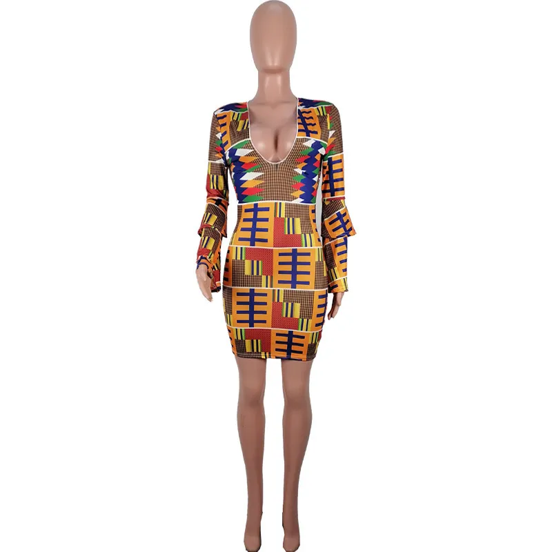 Vestido Africano Aesthético 90 para Mulheres Roupas Vintage Impressão V Pescoço Manga Longa Mini Bodycon Festa Sexy e Vestidos De Noiva 210525