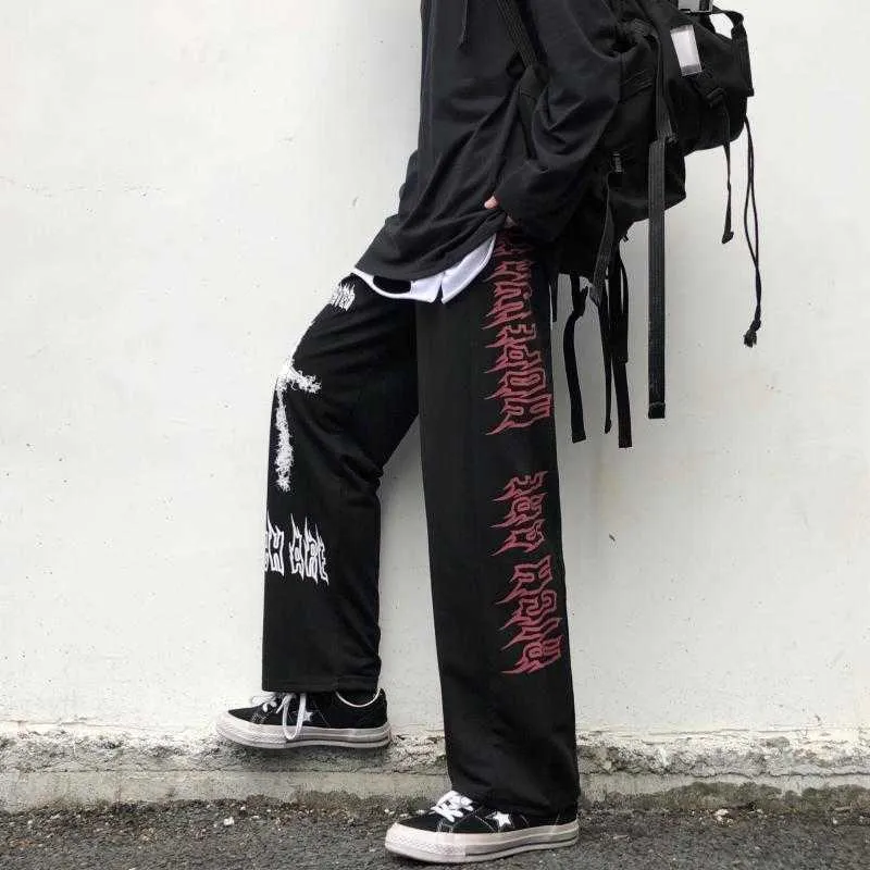 Qweek Punk Hippie Pantalones de pierna ancha Mujeres Gótico Harajuku Streetwear Anime Street Style Mall Goth Black Print Pantalones Hip Hop 210915