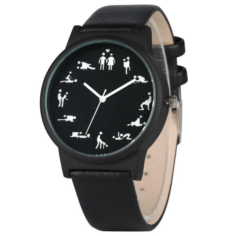 Creative Fun Quartz Watch for Men Black Dial Quartz Watches Comfort Black Leather Strap Wristwatch för Male H1012290V