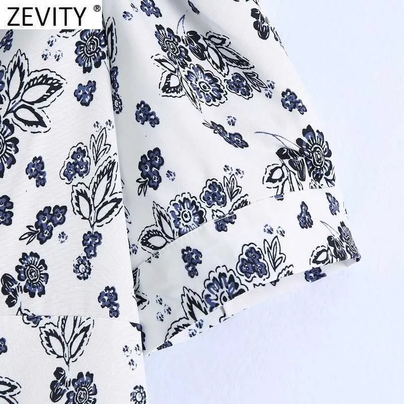Zevity Women Elegant Pleated V Neck Puff Sleeve Floral Print Casual Slim Midi Dress Femme Back Zipper Vestido Dresses DS8216 210603