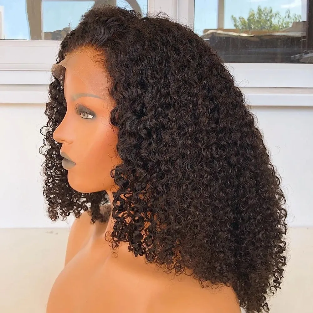 360 Spitze Frontalperücke natürliche schwarze Farbe Kinky Curly Short Bob Simulaiton menschliches Haar Perücken für Frauen synthetisch