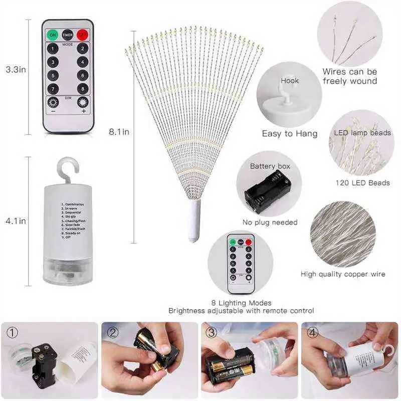 Feuerwerk Lichter Led Lichterkette Kupferdraht Starburst Lichterketten 8 Modi Batteriebetrieben mit Fernbedienung Hochzeit Weihnachtsdekoration 211109