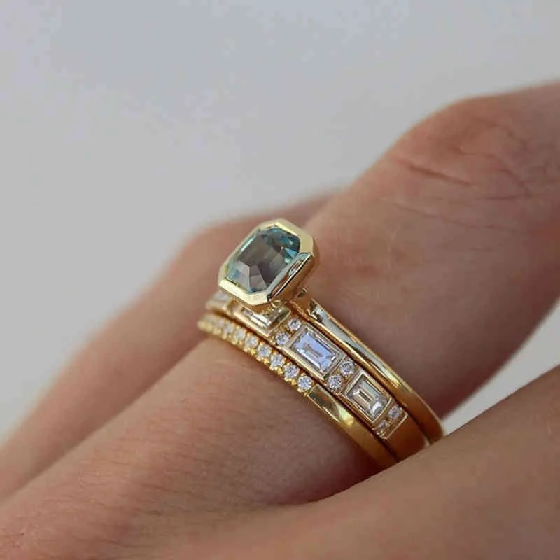 Boho 4 pièces ensemble de luxe bleu cristal anneaux pour les femmes mode jaune or couleur bijoux de mariage accessoires cadeaux promesse Ring2351