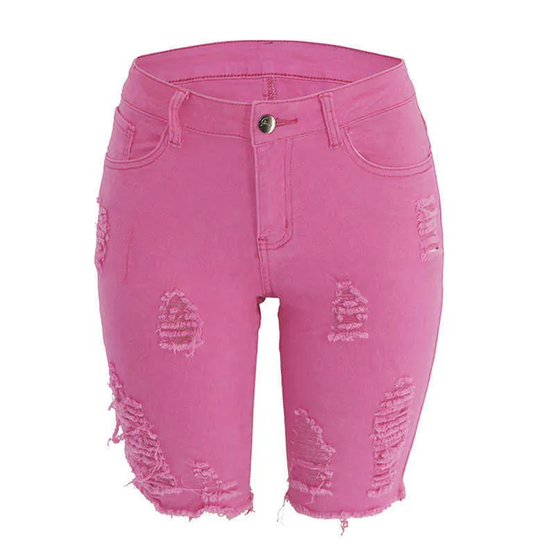 Weigou джинсовые тощие разорвал шорты женские высокие талии огорченные колена длина колена растягивающиеся джинсы Slim 210719
