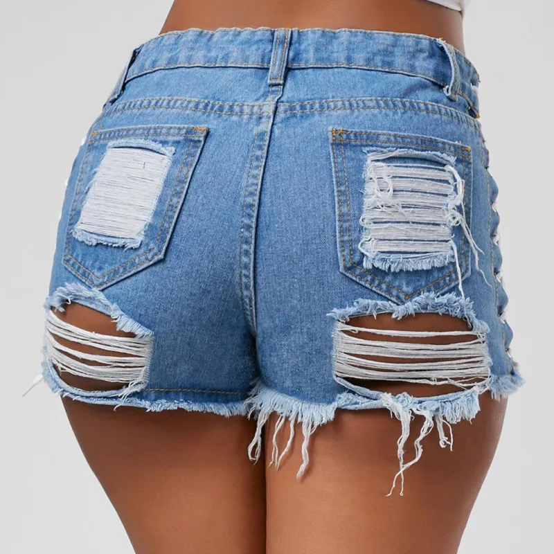 Sexy Summer Women Denim Shorts New Black Blue High Waist Ripped Short Jeans Femme Tassel Lace Up Bandage Hotpants 210306