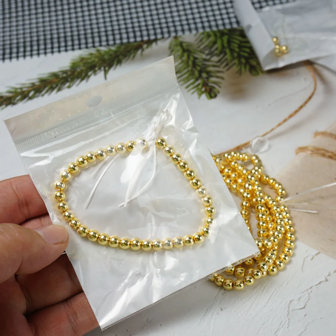 Beaded för kvinnor Guldpläterade pärlor 6mm halvfabrikat med extra förlängning pärlor och tråd