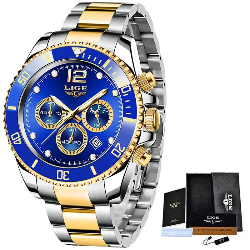 Mężczyźni zegarki LIGE TOP WODY STALICZNA WODY ODPOWIEDNIK KWARTZ MAS MASY SPORT Blue Chronograph Relogio Masculino2493