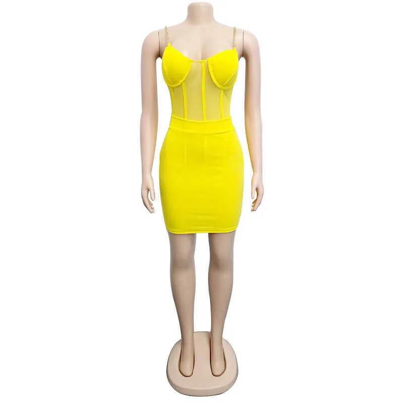 Neon Lime Green Mesh See Trough Ärmlös Metallband Knä Längd Bodycon Dress Sexig Två Piece Set Bra Top + Vestidos Clubwear 210709