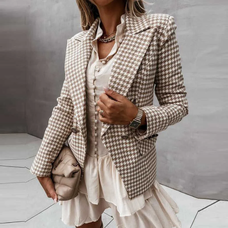 Frauen Plaid Houndstoot Print Mode Top Outwear Herbst Lose Casual Langarm Jacke Elegante Zweireiher Dame Büro Mantel 211014