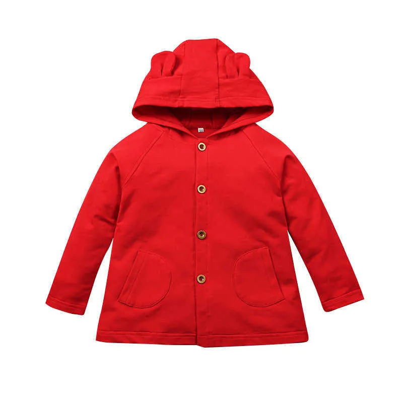 Inverno bambini casual cotone manica lunga con cappuccio monopetto rosso solido neonate o ragazzi con cappuccio 2-6T 210629