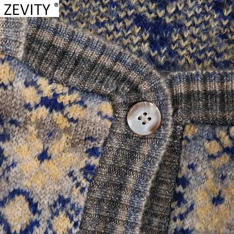 Zevity Women Vintage Kwadratowy Kołnierz Kwiat Drukuj Jacquard Knitting sweter Kobiet Z Długim Rękawem Chic Cardigans Płaszcz Topy S652 211018