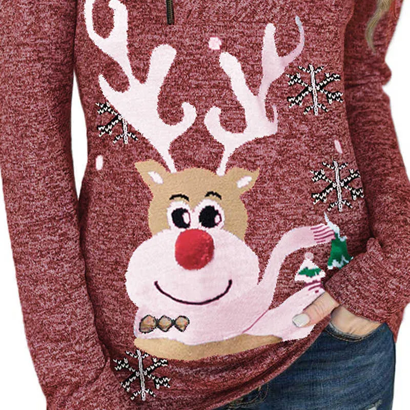 クリスマスTシャツの女性秋冬エルクスノーフレークプリントプルオーバーカジュアル不規則襟ジッパーの装飾長袖緩いトップス210526