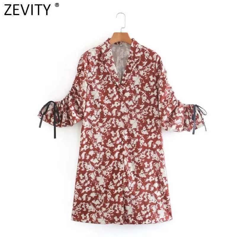 Zevity Femmes Vintage Tie Cravate Teinture Tableau De Training Dress Drawstring Sleeve Daceve Lace up Vestine Casual Vestidos Robes de collier DS4788 210603