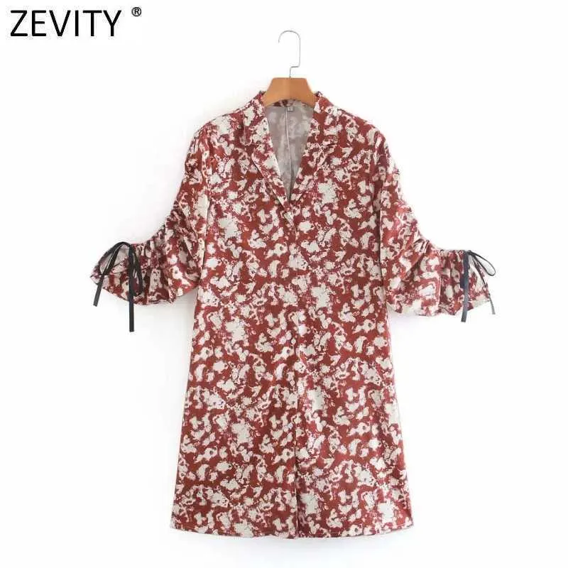 Zevity Women Vintage Tie Dye Painting Shirt Dress Lady Drawstring Sleeve Lace Up Casual Vestidos Slå ner Krage Klänningar DS4788 210603