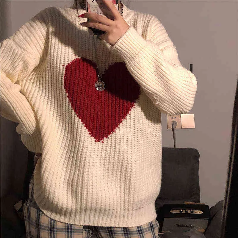 Coréen hiver doux en forme de coeur motif pull Vintage Harajuku Style pulls à manches longues lâche tricot pull décontracté 211218