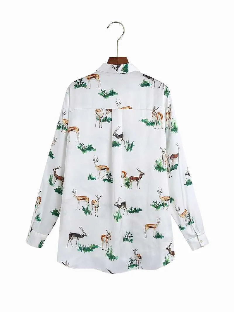 Mujeres camisa suelta primavera moda manga larga animal ciervos impresiones moderna dama blusa ropa al por mayor 210602