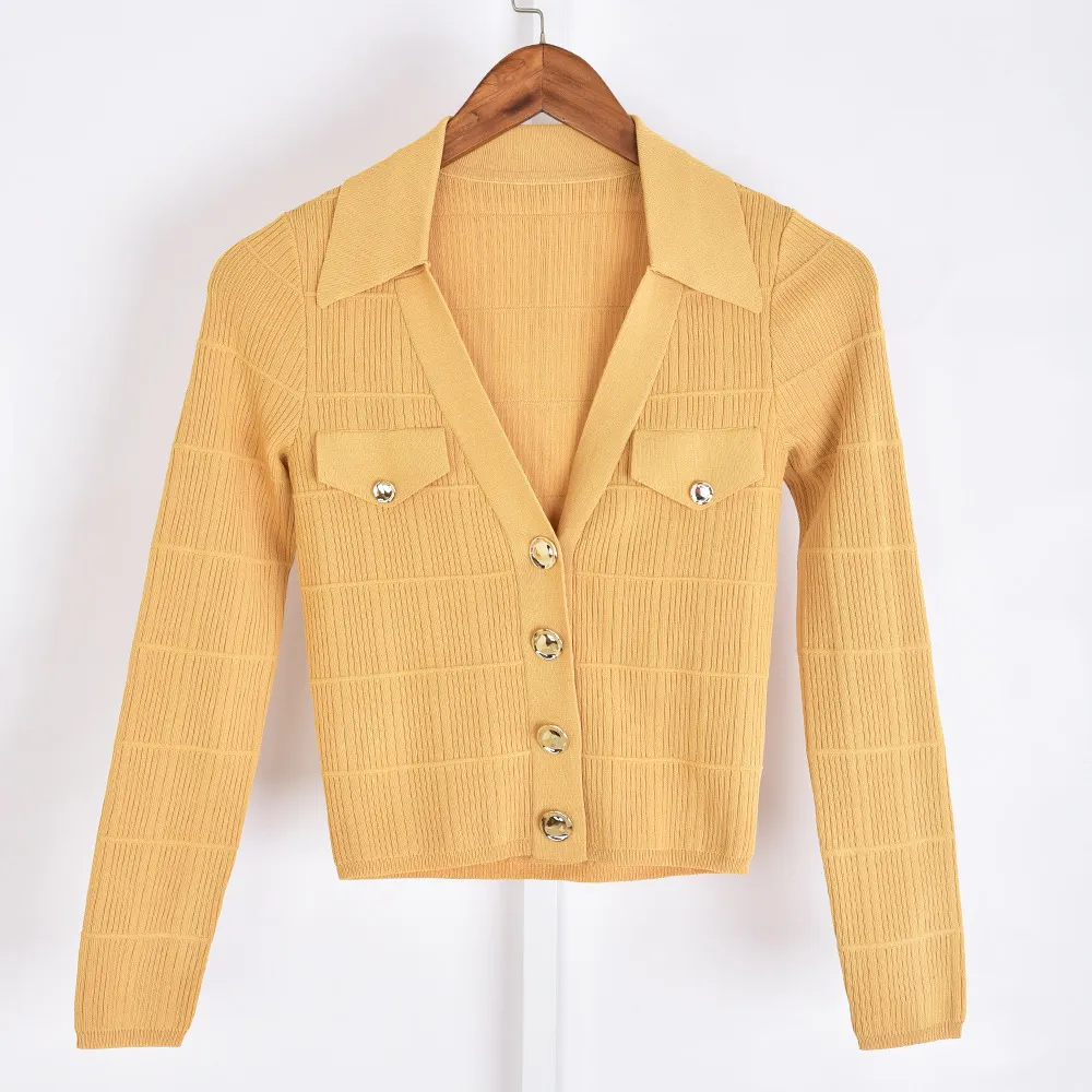 2021 가을 가을 긴 소매 스프레드 칼라 낙타 옐로우 솔리드 컬러 니트 패널 싱글 브레스트 니트 티셔츠 여성 패션 니트 G1211032