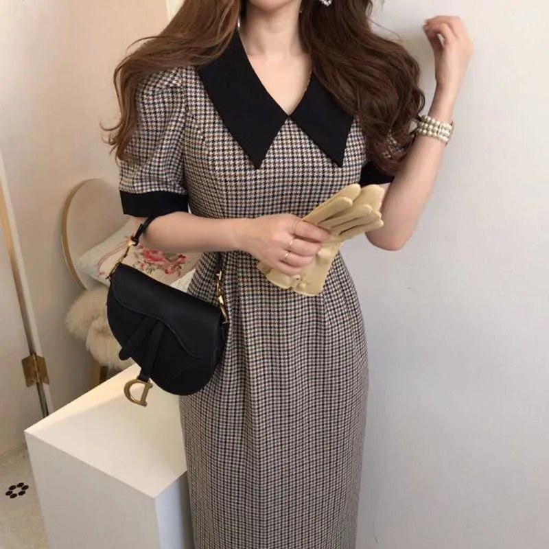 Korejpaa Frauen Kleid Korea Chic Elegante Revers-farbige Thousand Bird Grid Hoch taillierte Mittellange Schlitz Kurzarm Vestido 210526