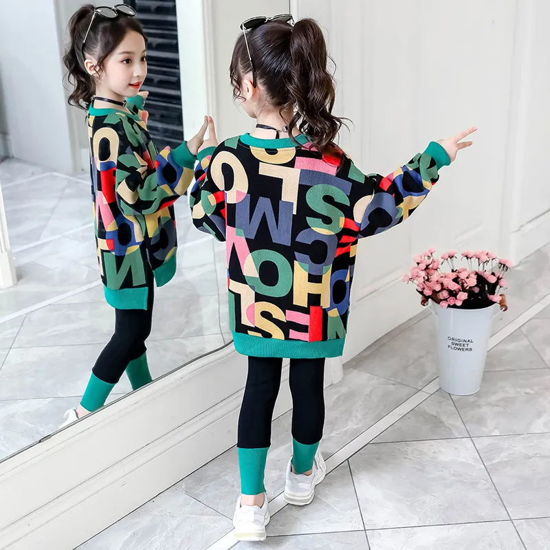 2021 Kinderkleding Pak Meisjes Herfst Kleding Mode Casual Big Children's Letter Trui + Leggings Tweedelige Set 220214