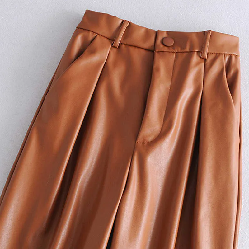 Wixra Women Suit PU Leather Pants Ladies OL Style Bottoms Female Office Wear Pants Autumn Spring High Waist Trousers Q0802