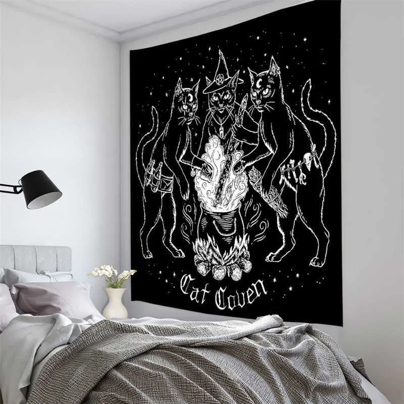 Pentagramme drapeau de Satan Tarot Black Cat Tapestry Hanging Hand Hippie Moon Wolf Witchcraft décor Tapisches Wall Couverture 9406957