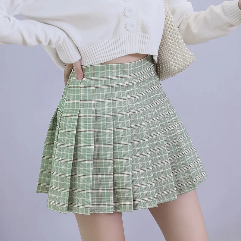Herbst Frauenröcke Koreanische Taille karierte Minirock Frauen Schule Mädchen sexy niedliche Faltenrock mit Reißverschluss 210306