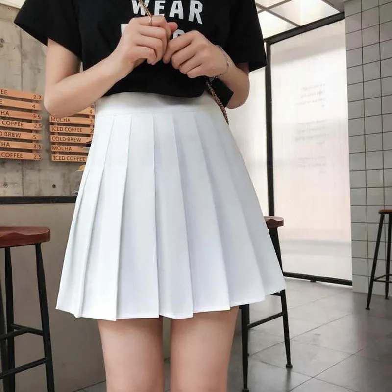Summer Korean kjol veckad skolkjolskortshorts hög midja sexig mini japansk kjol svart vit plus storlek 210315