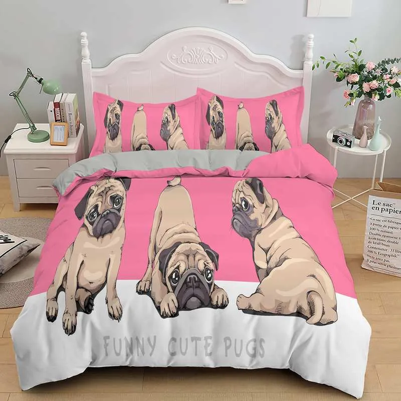 Trendy Puppy Pug Bedding Hippie Boho Style Pet Duvet Cover Set 210309