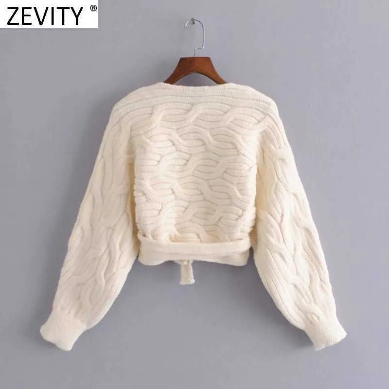 Zevity Mulheres Vintage Vintage Cruz V Pescoço Crochet Curto Tricô Camisola Femme Chic Hem Bow amarrado Casual Cardigans Tops S685 210914