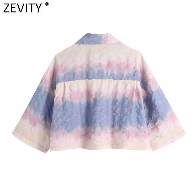 Zevity Femmes Vintage Couleur Match Tie Dyed Impression Chemisier Court Femme Poche Patch Kimono Chemise Roupas Chic Chemise Tops LS9141 210603