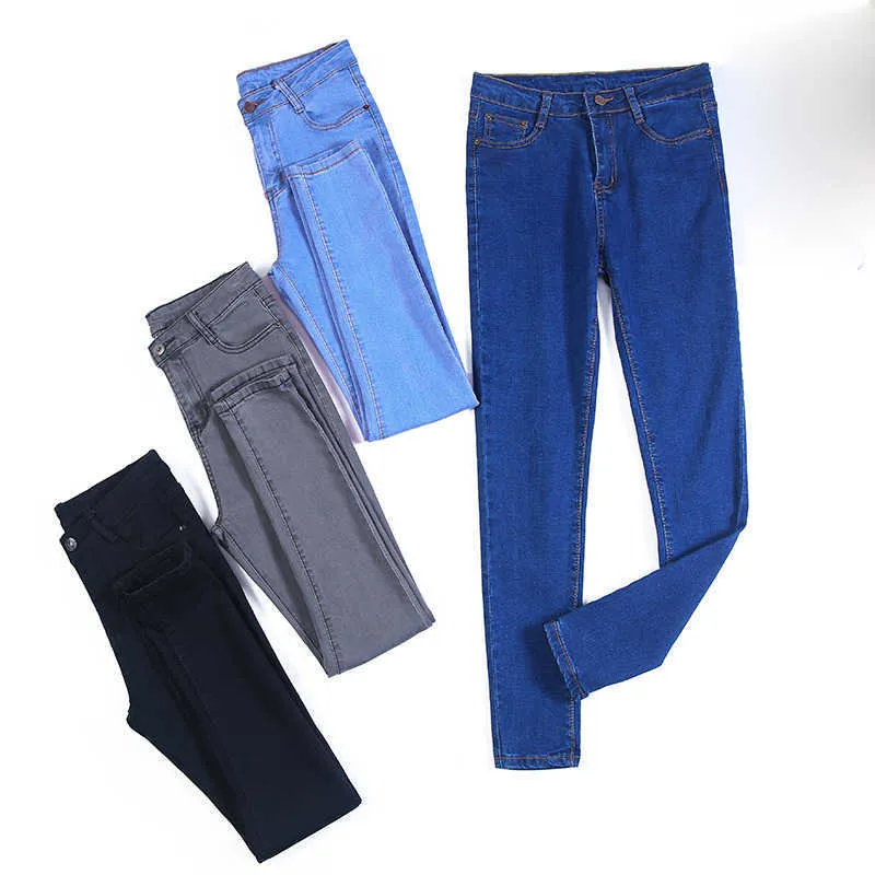 Stretch hög midja jeans plus storlek kvinna skinnig kvinna svart blå grå tvättad penna byxor elastisk denim 210720