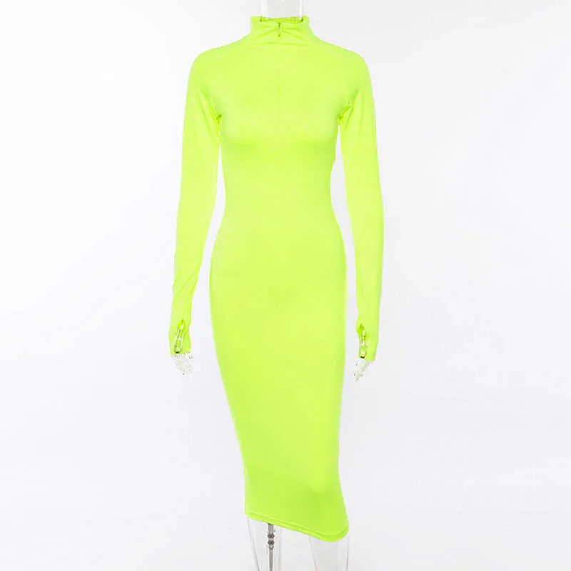 Turtleneck Zipper Pakiet Hip Bodycon Długa sukienka Kobiety Casual Solid High Paist Slim Midi Wiosna Jesień Neon Ołówek ES 210526