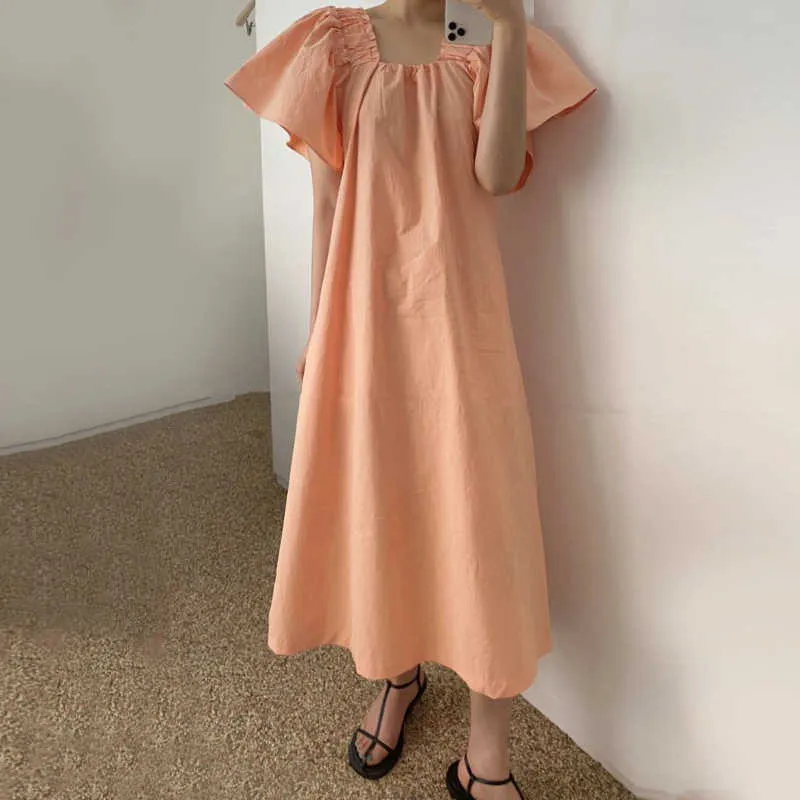 Korejpaa Women Dress Summer Korean Chic Lazy Style Thin Square Collar Ruffled Sense Loose Casual Flared Sleeve Vestidos 210526