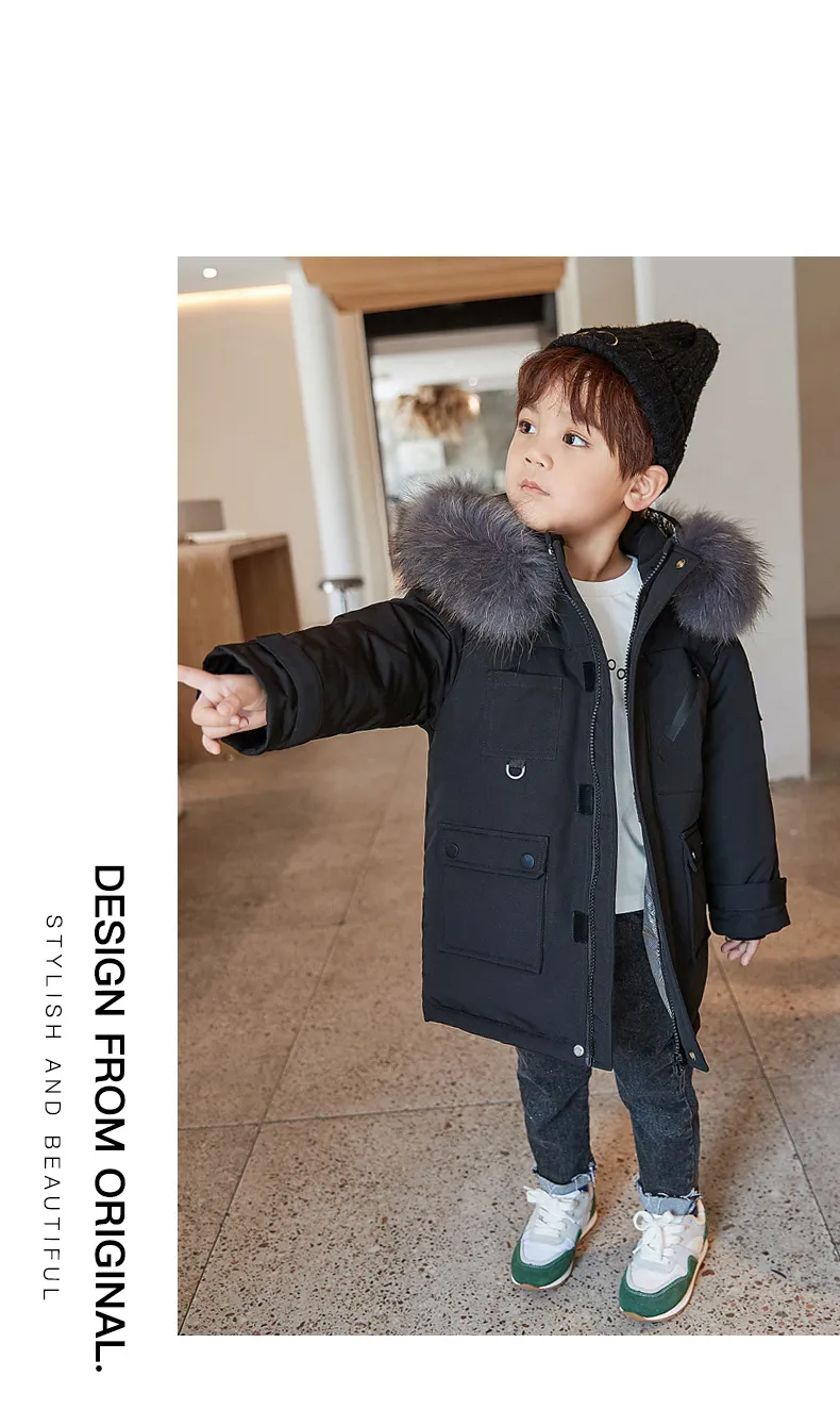 冬のファッションの子供用ダウンジャケットボーイズの長い外国スタイルのフード付き厚いコート