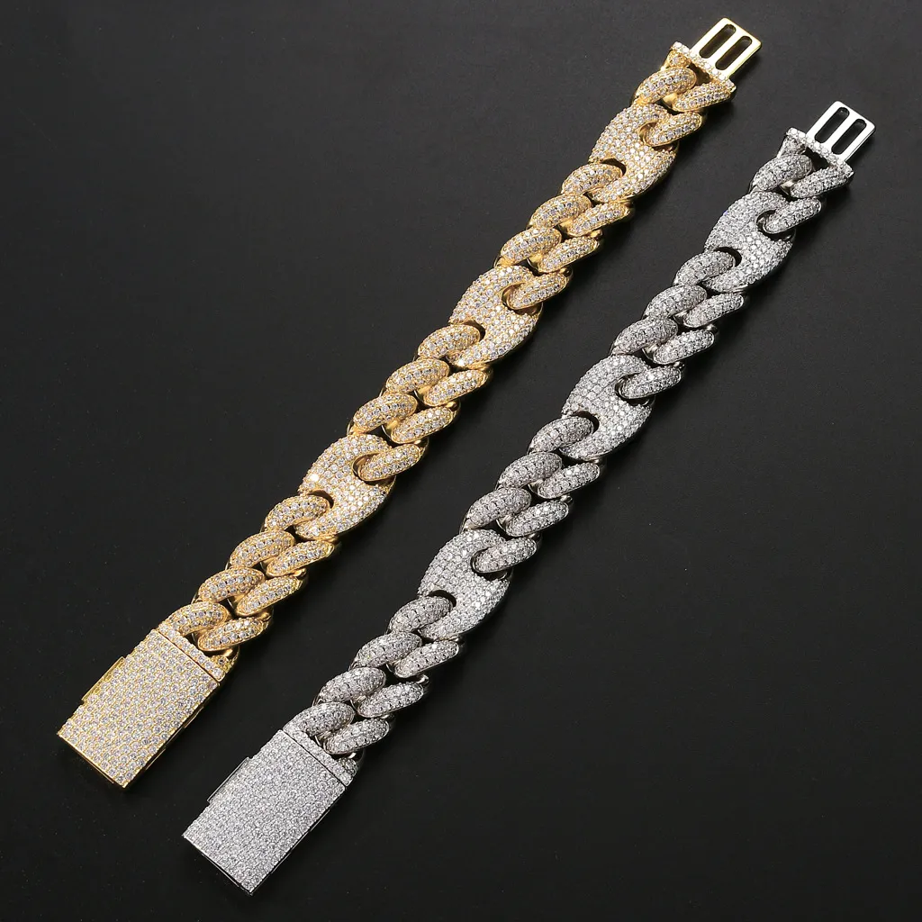 montre d'éternité bracelet 9 pouces trois à un bracelet cubain de 20 mm plein de diamants CZ incrustés de grande boîte boucle nez de cochon glacé hip hop b217G