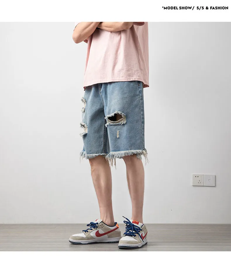 Short en Denim perforé pour hommes, Version coréenne, usé, Capris décontracté, personnalité, tendance pour jeunes, pantalon droit