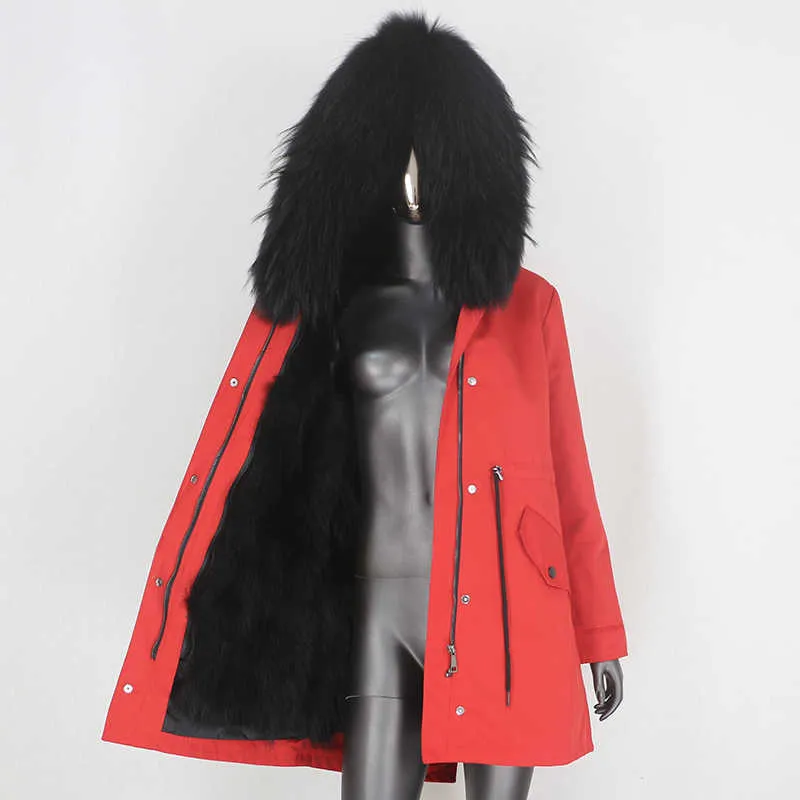 Bluenessfair impermeable abrigo de piel real largo parka chaqueta de invierno mujeres natural mapache piel collar ropa exterior streetwear cálido 211018