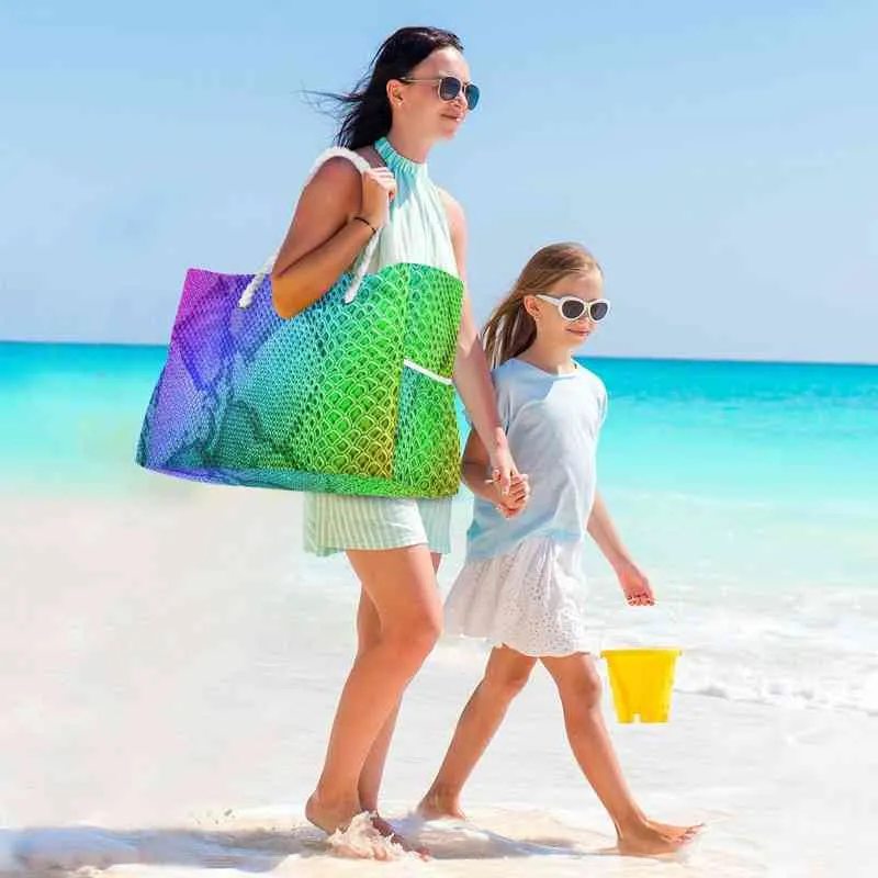 Sacolas de compras Bolsa de transporte para viagens de praia corda Handle women reutiliza bolsas fofas para meninas arco -íris cleca de pele impressão colorida218j