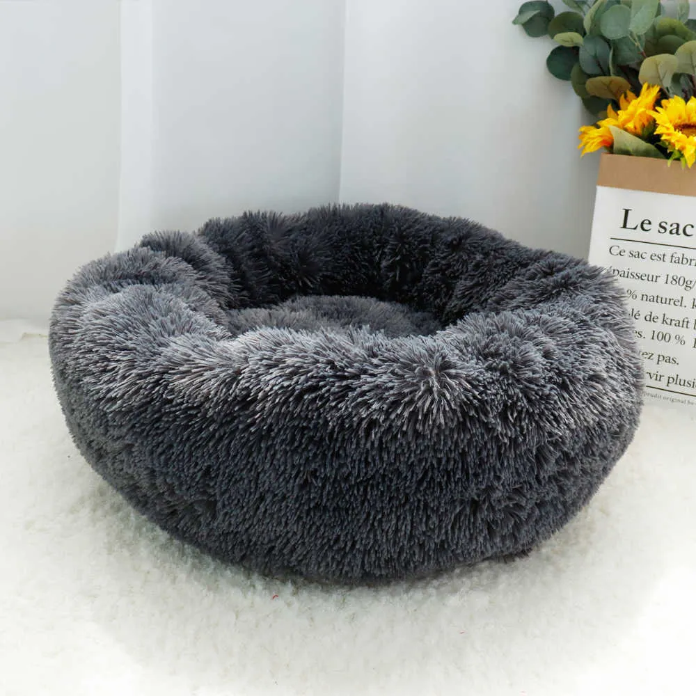 Pet Dog Bed Mat Moelleux Calmant Chien Lit Couverture Longue Peluche Chat Chien Maison Lits Hondenmand Rond Transat Canapé Sac De Couchage Chenil 210915