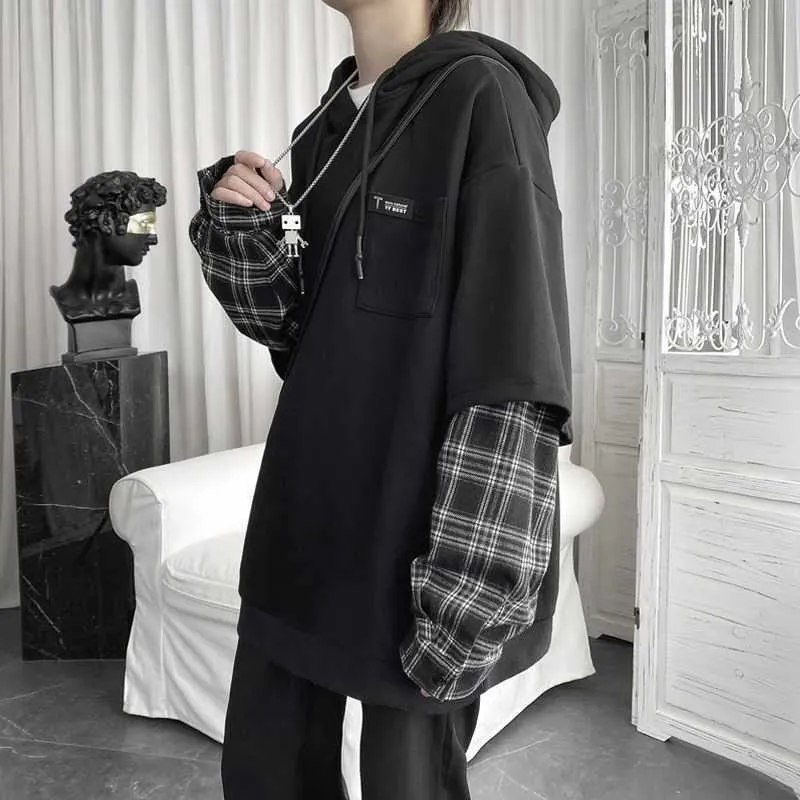 Винтаж толстые толстовки с капюшоном для мужчин Женщины осень зима подделка из двух частей куртка корейский негабаритные BF Grunge Hip Hop толстовки 210526