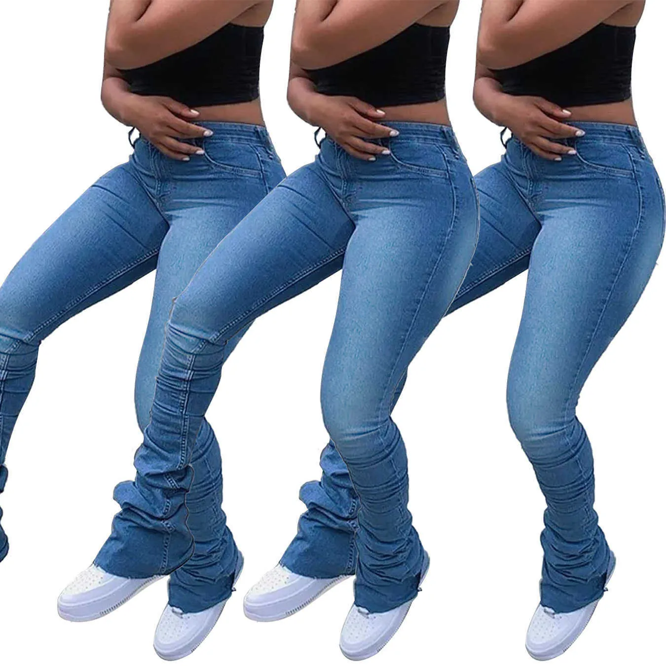 Printemps Automne Bell Bottom Mom Jeans Casual Light Blue Mid Taille Skinny Stacked Femme Mode SkInny 90s Denim Pantalon évasé 210809