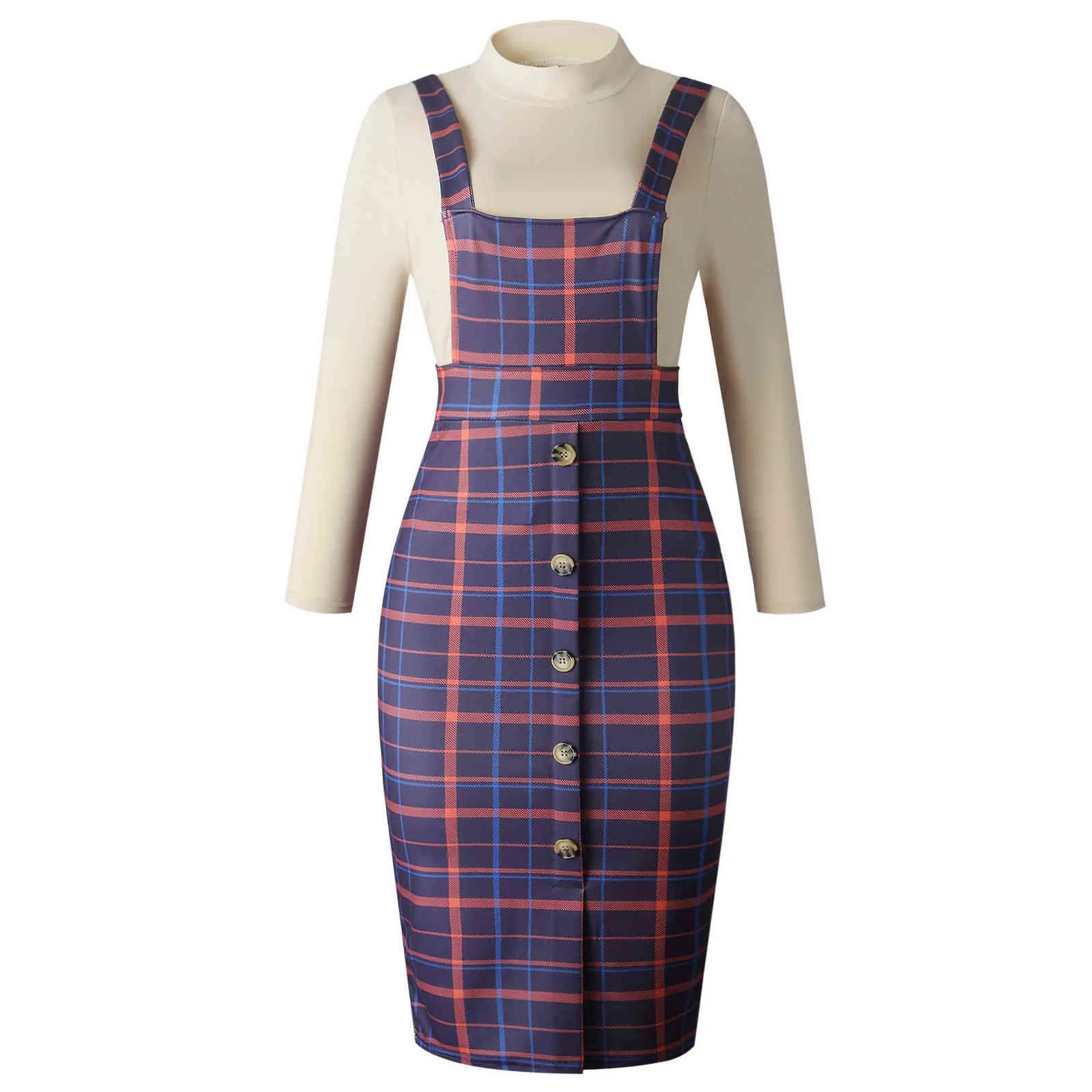 Women Set Plaid Strap Dress Slim with Tops Button Up Modest Office Lady Wear Work Classy African Fashion Bodycon Female 211106