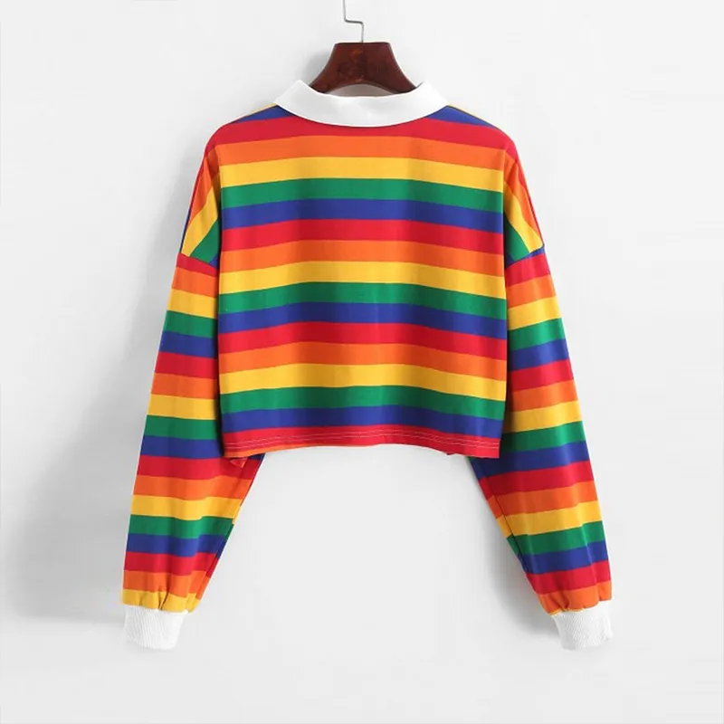 Pikétröja Kvinnor Sweatshirts Långärmad Rainbow Color Ladies Hoodies med knapp Striped Korean Style Sweatshirt