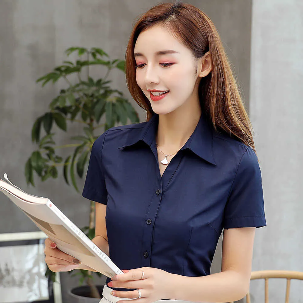 Femmes chemises coréennes Coton plus taille en V massif en V Blouses Elegant White Travail XXXL 210531