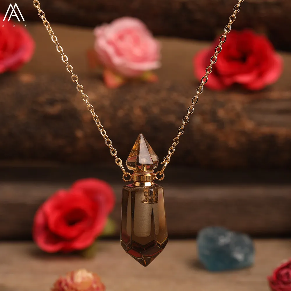Natural Gems Stone Faceted Prism Perfume Bottle Pendants NecklaceCut Hexagon Points Crystal Essential Oil Diffuser Vial Charms4838470
