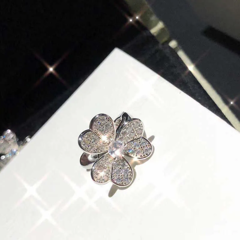 Boucles d'oreilles de marque en argent Sterling 925 pur, trèfle à 3 feuilles, fleur, clous pleins de diamants, or blanc 925231E