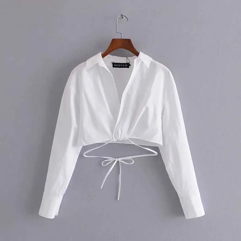 Surplice Cropped Shirt Women WITH TIES Long Sleeves Casual Fashion Chic Lady High Fashion Blouses Women Tops 210709